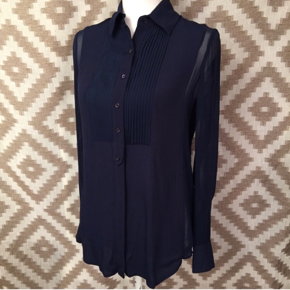 Vince Navy Blue silk Long Sleeve Blouse